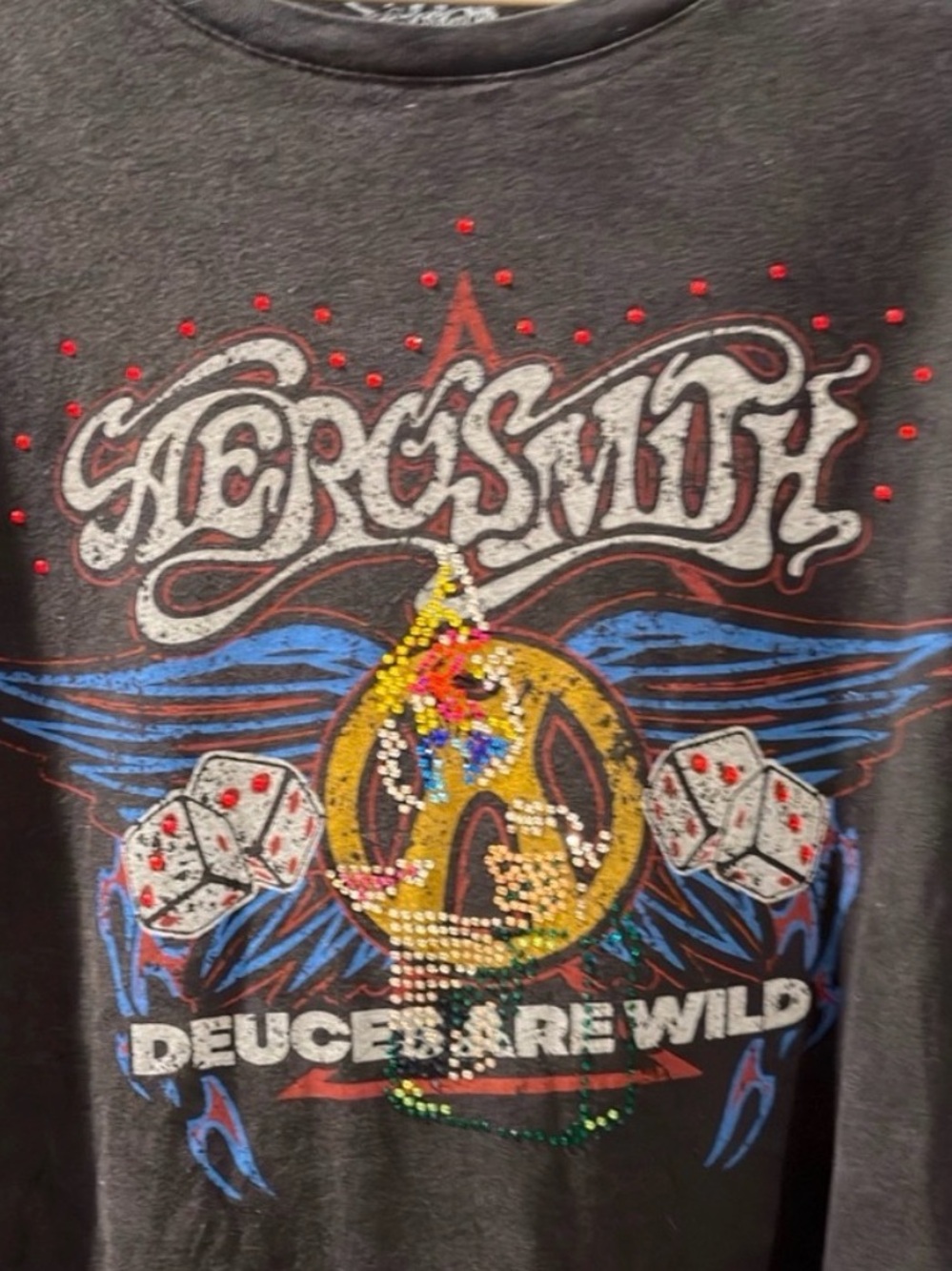 Custom Aerosmith 'Deuces Are Wild' Black Tee with RAD crystal detail. XXL